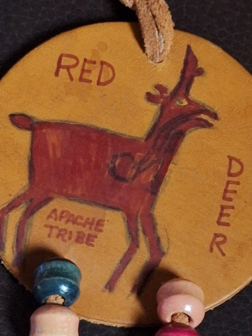 Handcrafted Tan Leather Necklace with Red Deer Pendant.Apache Tribe